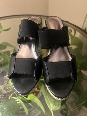 Etienne Aigner Black Espadrille Wedge Sandals Women’s Slip-On Heels